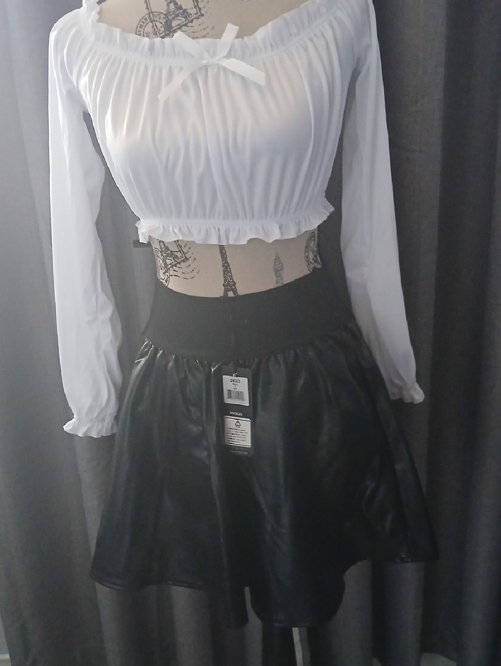 Black Faux Leather Skater Skirt with High Waist